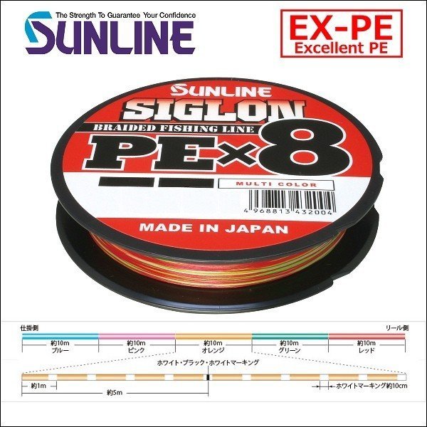 画像1: サンライン SIGLON PE×8ブレイド 0.6号(10LB)〜2号(35LB) 150m巻 3個セット 合計450m マルチカラー 5色分け シグロン PEx8 国産8本組PEライン