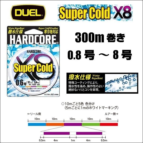 画像1: DUEL ハードコア スーパーコールド X8 0.8号 1号 1.2号 1.5号 2号 2.5号 3号 4号 5号 6号 8号 300m 5色分け デュエル Super Cold 日本製 国産 8本組PEライン