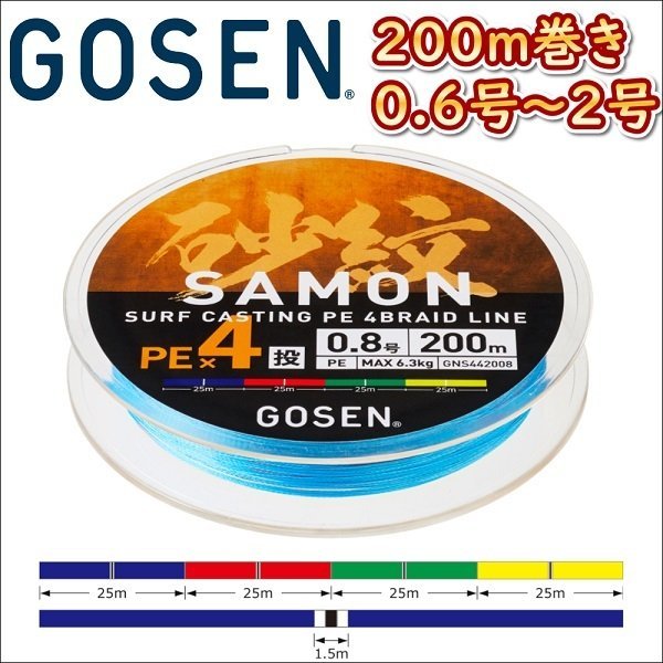 画像1: ゴーセン 砂紋 PE×4 0.6号 0.8号 1号 1.5号 2号 200m巻き 4色分け サモン x4ブレイド 投げ用 日本製 国産PEライン