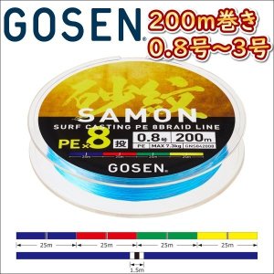 画像1: ゴーセン 砂紋 PE×8 0.8号 1号 1.5号 2号 3号 200m巻き 4色分け サモン x8ブレイド 投げ用 日本製 国産 8本組PEライン (1)